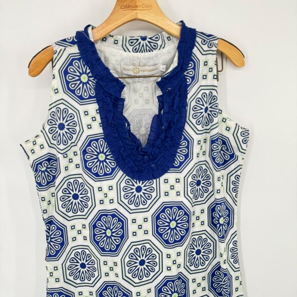 Tracy Negoshian Blue White Sleeveless dress cotton Ruffle Neckline size large - Picture 6 of 11